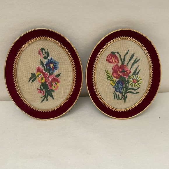 Other - Handmade floral needlepoint oval framed with gold trim red velvet concave glass